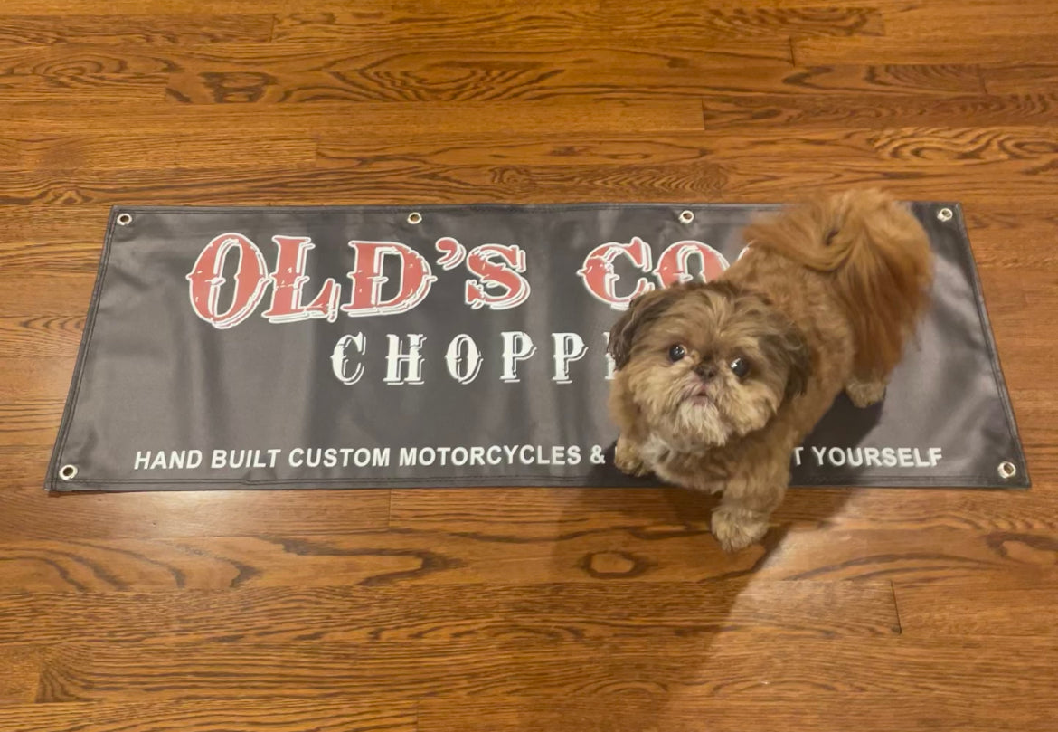 Old’s Cool Choppers Moto Parts And Accessories Shop Garage Banner chopper bobber